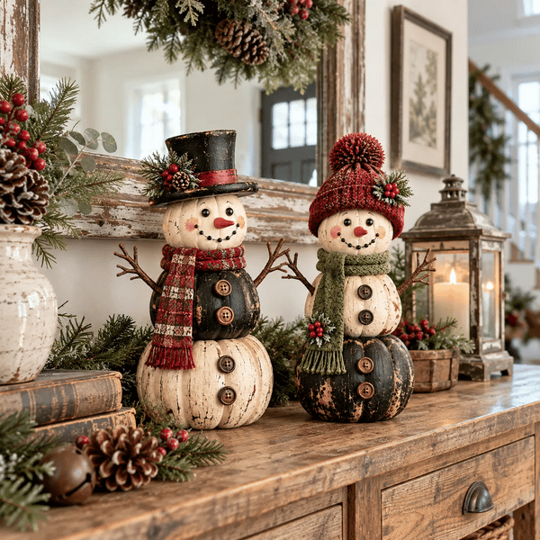 ☃️ Vintage Pumpkin Snowman Duo – Rustic Black & Ivory Farmhouse Christmas Figurines