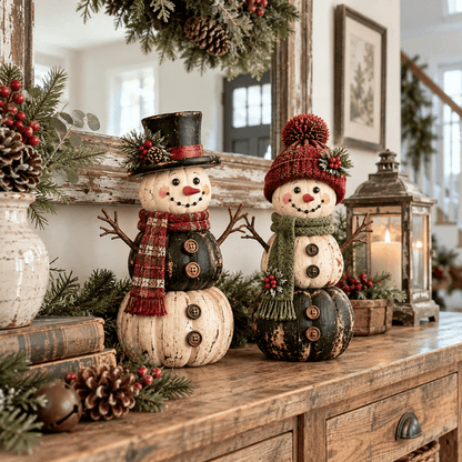 ☃️ Vintage Pumpkin Snowman Duo – Rustic Black & Ivory Farmhouse Christmas Figurines