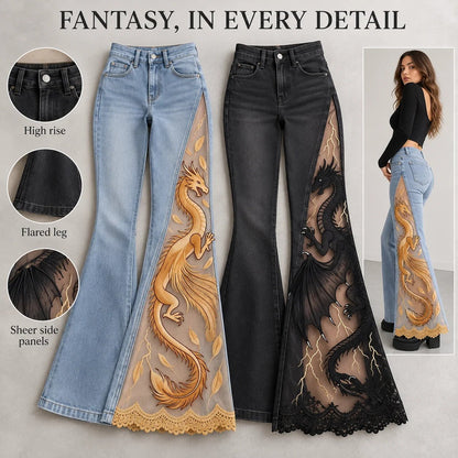 🐉 Handmade Sheer Mesh Dragon Embroidered Denim Pants