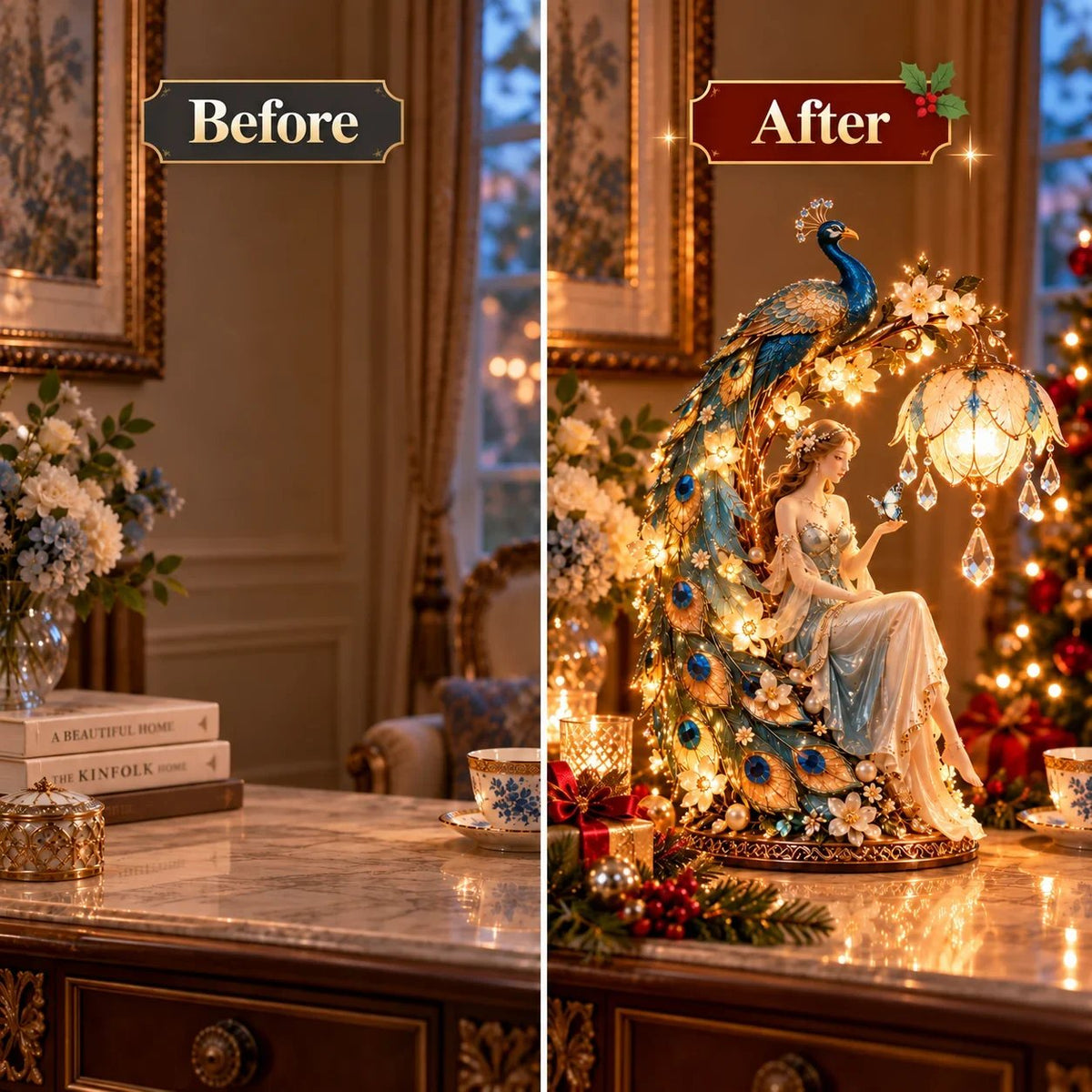 🦚✨ Moonlit Peacock Fairy™ – Bezaubernde Pfauenfee-Tischlampe mit warmem LED-Licht, kristallähnlichen Anhängern und eleganten Blumendetails | Stimmungsvolle Wohndekoration