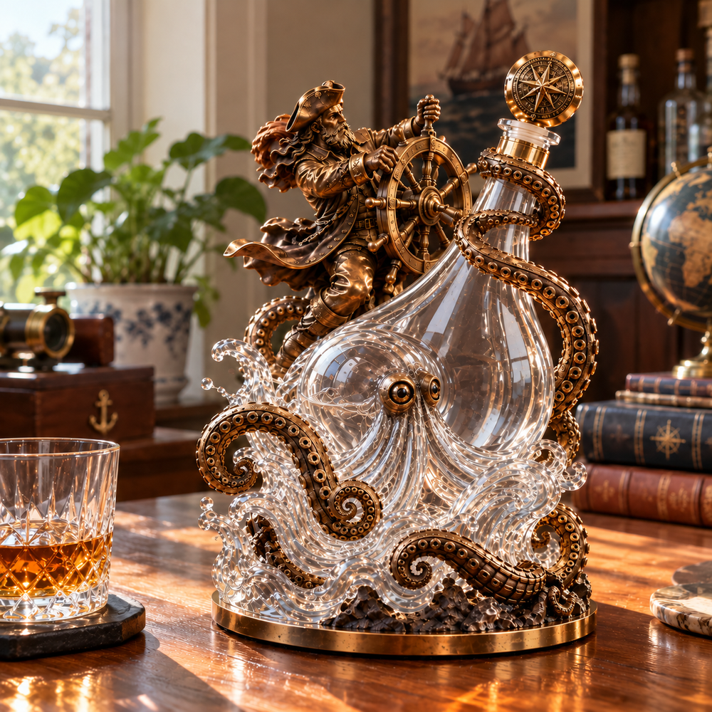 Empty transparent nautical decanter on a wooden table in daylight
