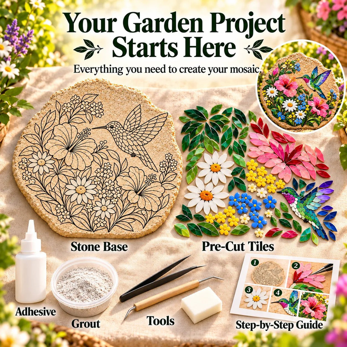 ⏳ Last Day 49% OFF – 🐦 Beginner-Friendly Hummingbird Wildflower Mosaic DIY Kit | Complete Kit with Mosaic Pieces, Tools & Guide Included 💕