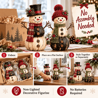 ☃️ Vintage Pumpkin Snowman Duo – Rustic Black & Ivory Farmhouse Christmas Figurines