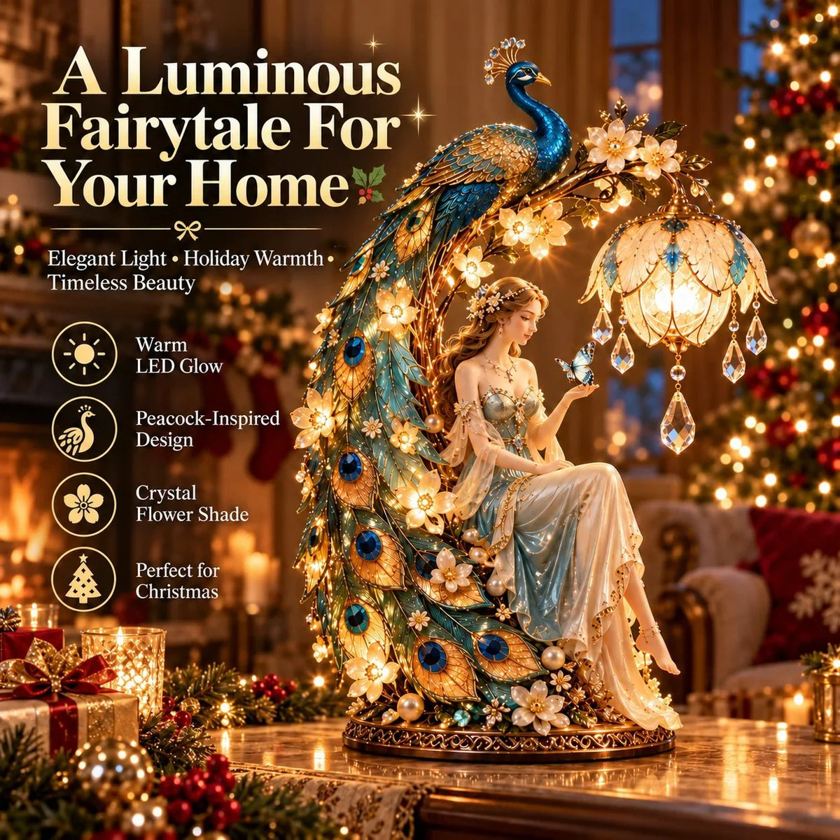 🦚✨ Moonlit Peacock Fairy™ – Bezaubernde Pfauenfee-Tischlampe mit warmem LED-Licht, kristallähnlichen Anhängern und eleganten Blumendetails | Stimmungsvolle Wohndekoration