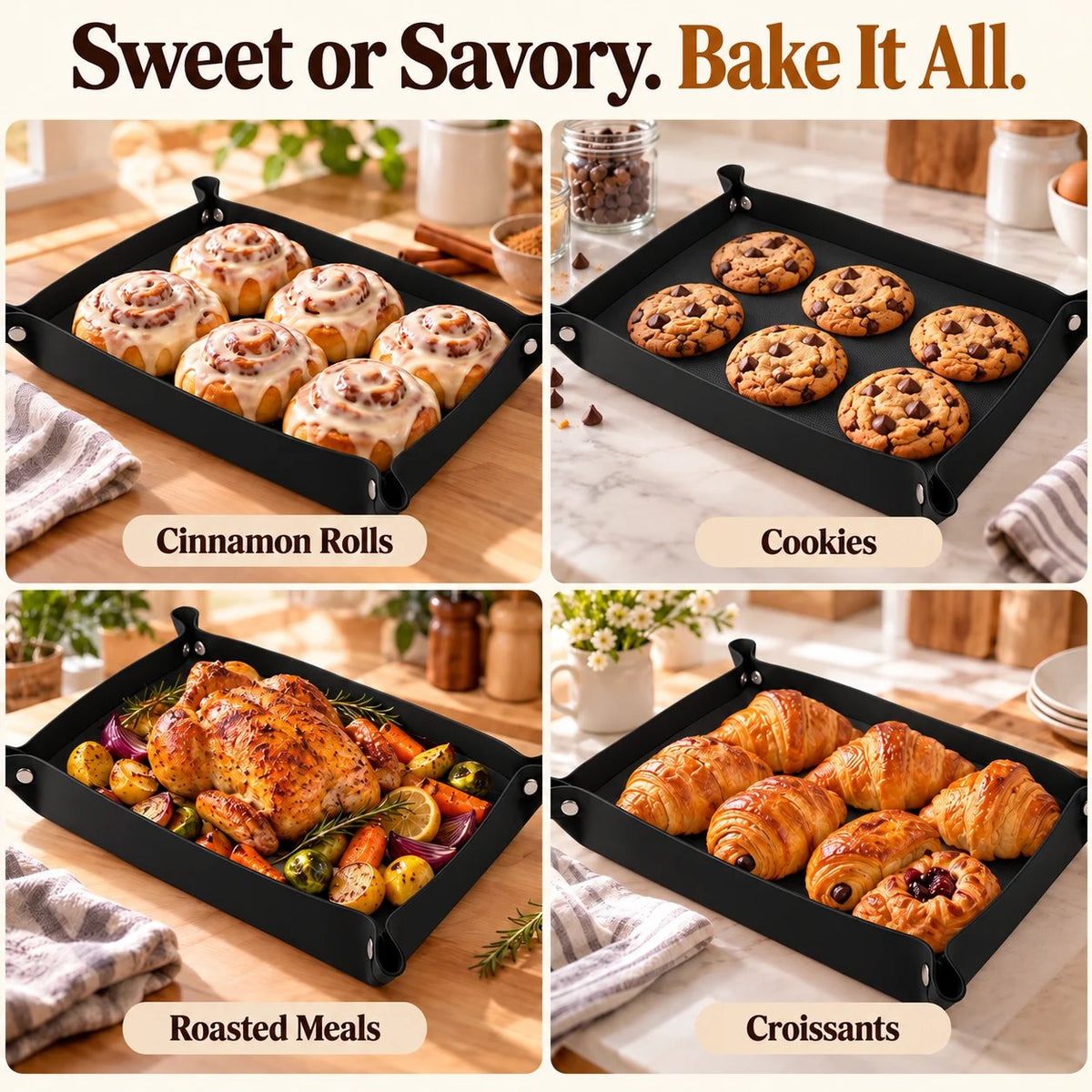 Cinnamon rolls, cookies, roasted chicken and croissants on raised-edge mat