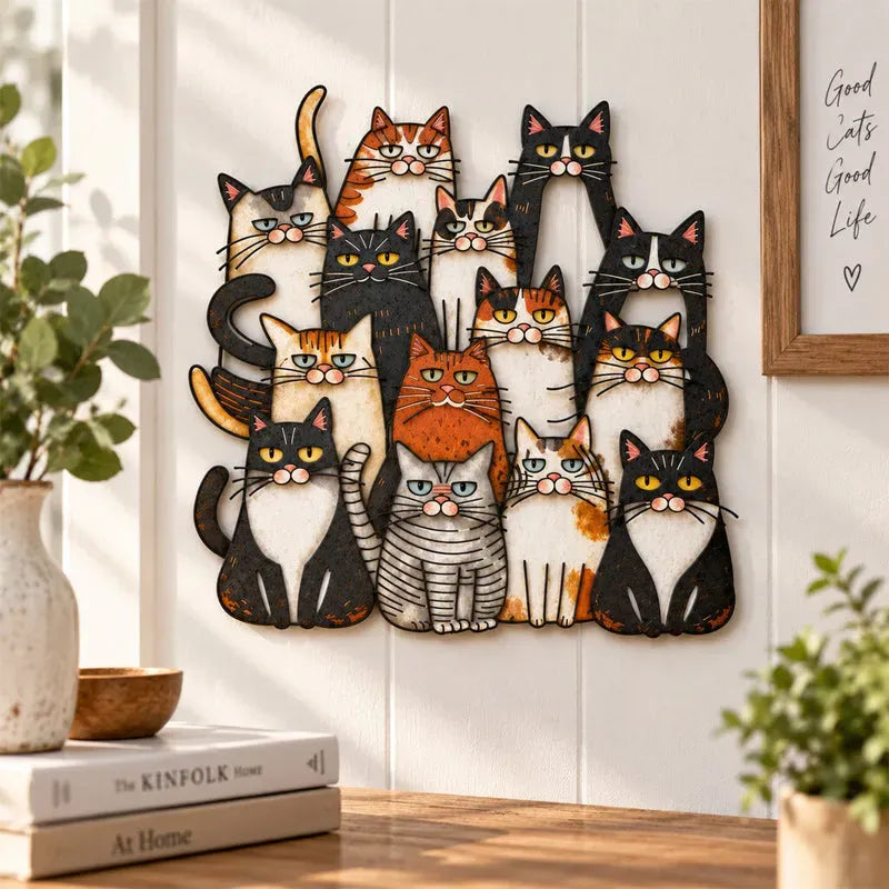 Whimsical Cat Family Metal Wall Art