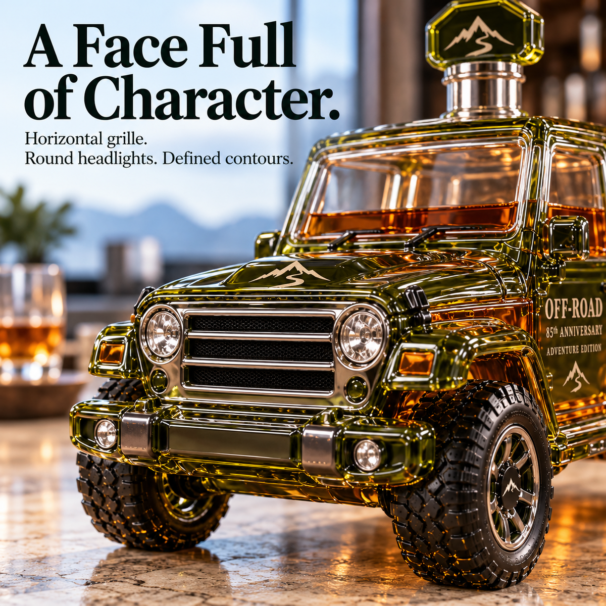 Close-up of the off-road decanter with round headlights and a horizontal front grille