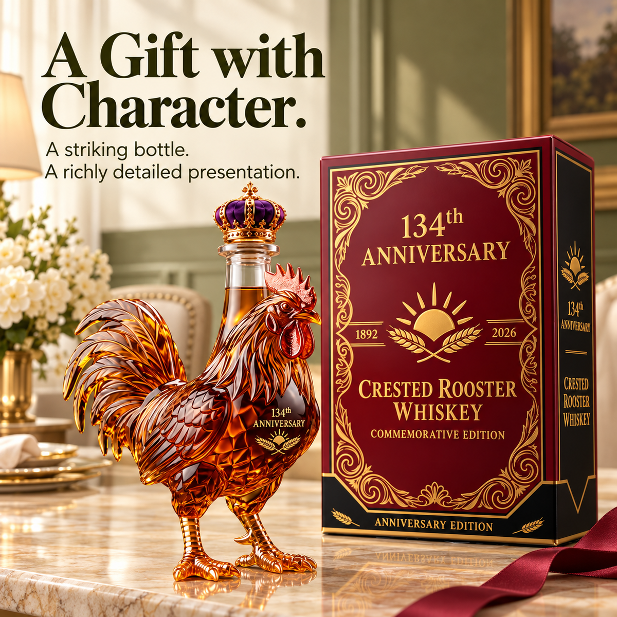 Rooster bottle and its coordinated burgundy-and-gold presentation box in a sunlit home