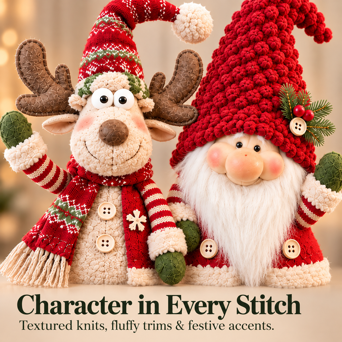 Close view of gnome beard, reindeer antlers and textured holiday outfits