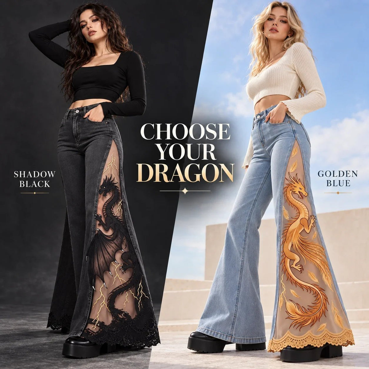 🐉 Handmade Sheer Mesh Dragon Embroidered Denim Pants