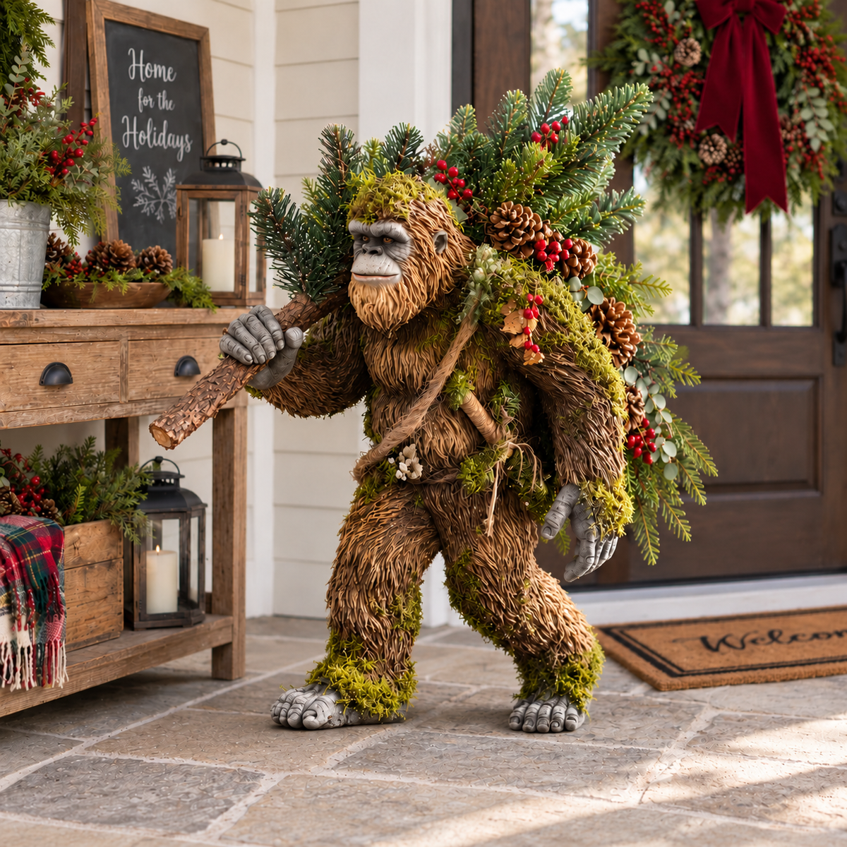 Woodland Sasquatch Christmas figure beside a green front door