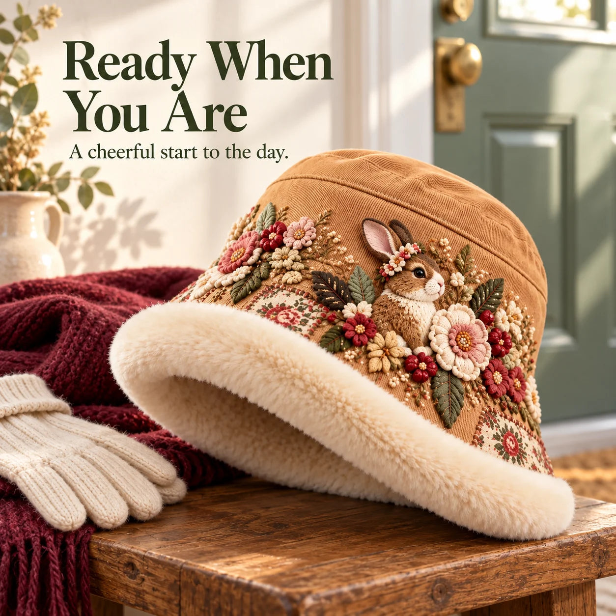 Ready When You Are — woodland bunny plush-lined bucket hat
