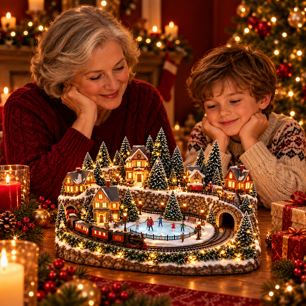 Grandmother and child sharing a Christmas moment beside the glowing winter train village