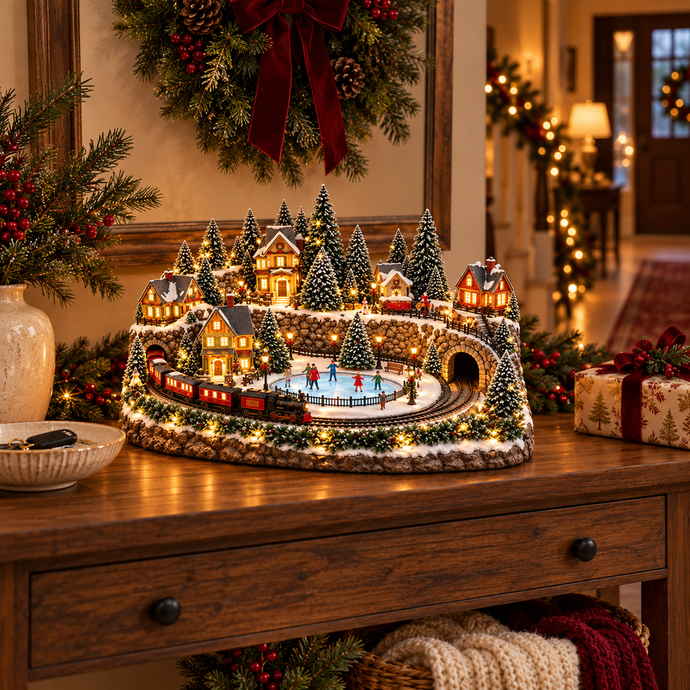 Holiday train and ice rink village displayed on an entryway console under a Christmas wreath