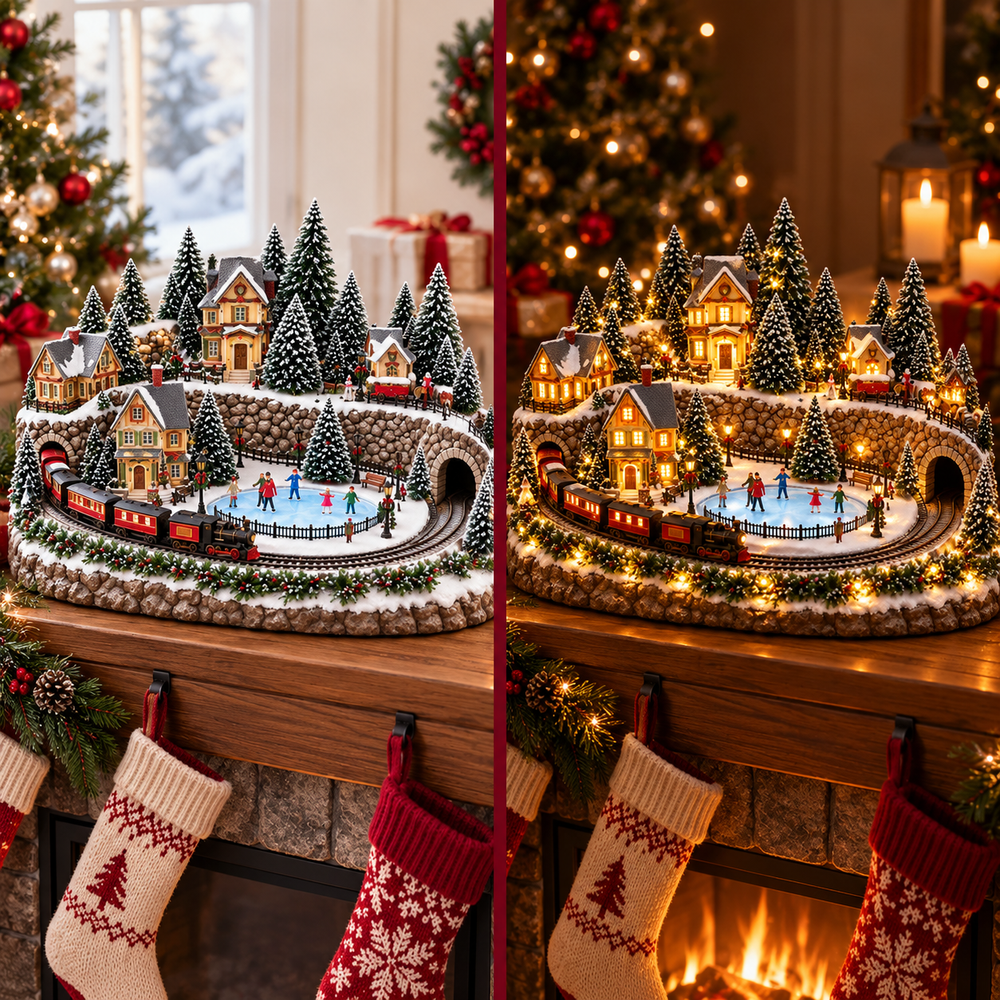 Side-by-side view of the Christmas train village in daylight and illuminated at night