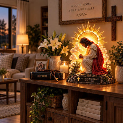 ✨🙏 Faith Brings Peace™ — Illuminated Praying Jesus Figurine