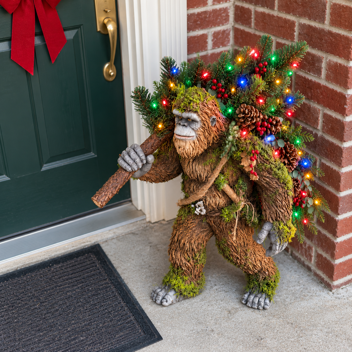 Christmas Sasquatch decoration with evergreen branches and colorful lights beside a front door
