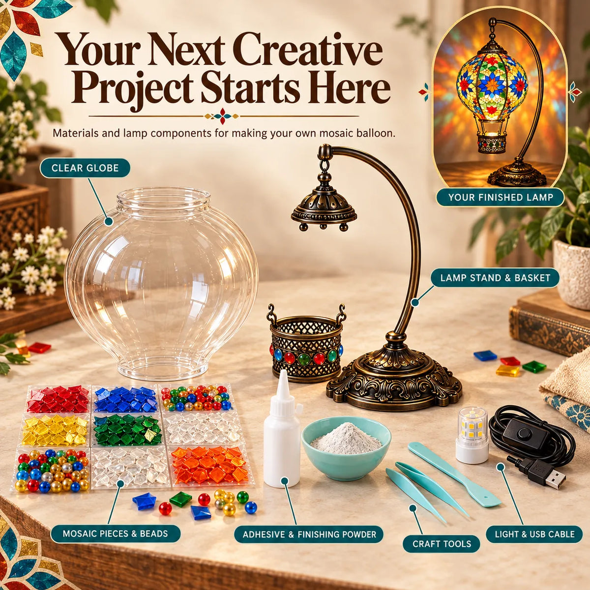 ⏳ Last Day 49% OFF – 🎨 Beginner-Friendly Turkish Mosaic Hot Air Balloon Lamp DIY Kit | Complete Kit with Mosaic Pieces, Tools & USB Light Included ✨