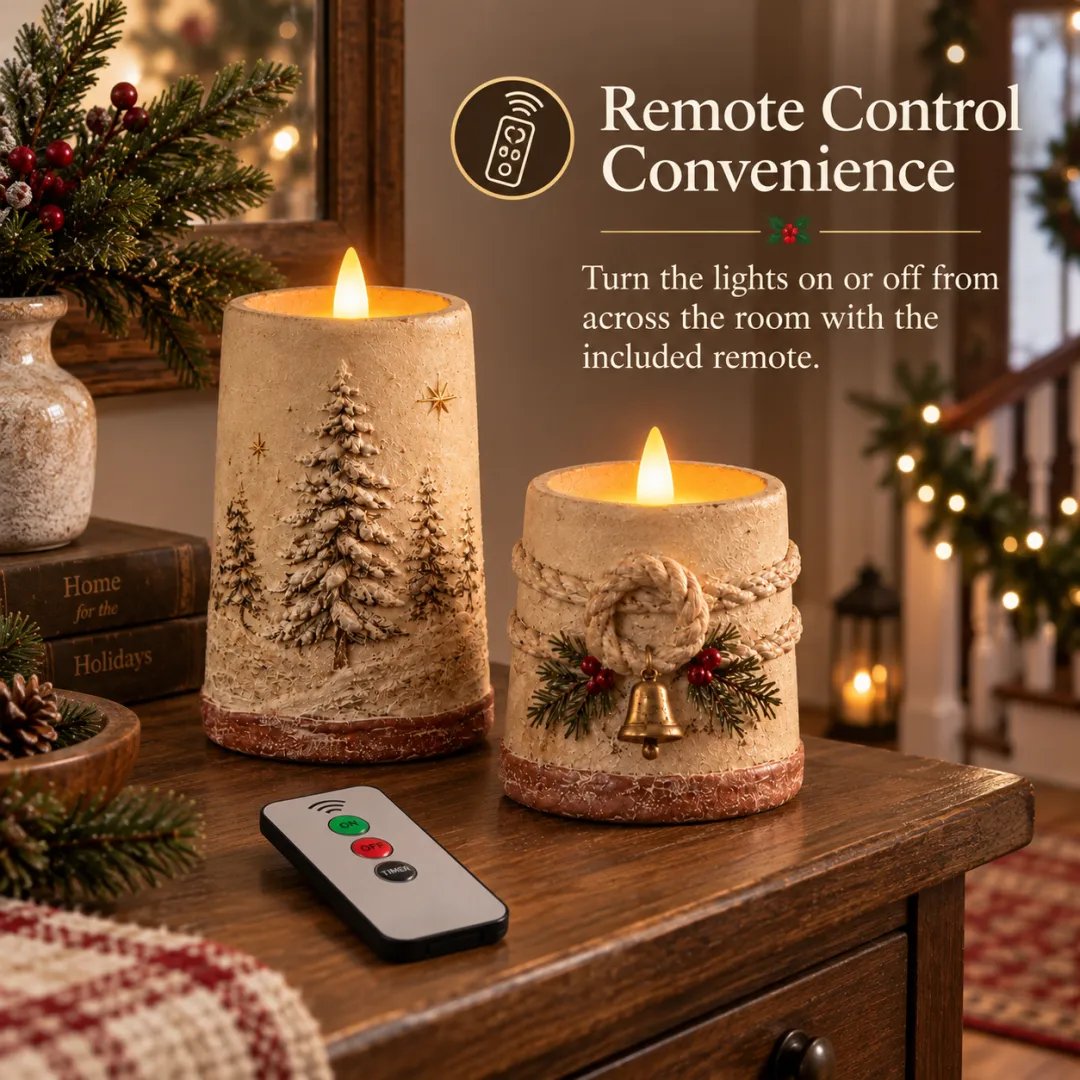 Rustic Christmas Flameless LED Candle Decor Set of 2