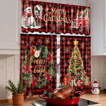 🎄3-Piece Christmas Kitchen Curtain Set | Water-Resistant Valance & Tier Curtains🏡