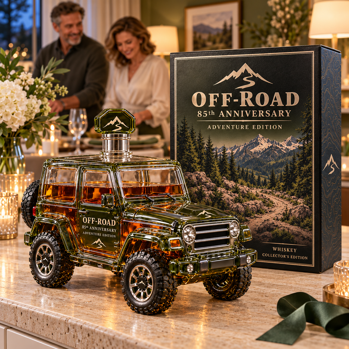 Adventure Edition decanter and mountain-themed gift box in a gift-giving scene