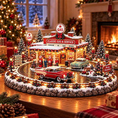 🚗 Lighted Classic Gas Station Christmas Village | Vintage Roadside Décor