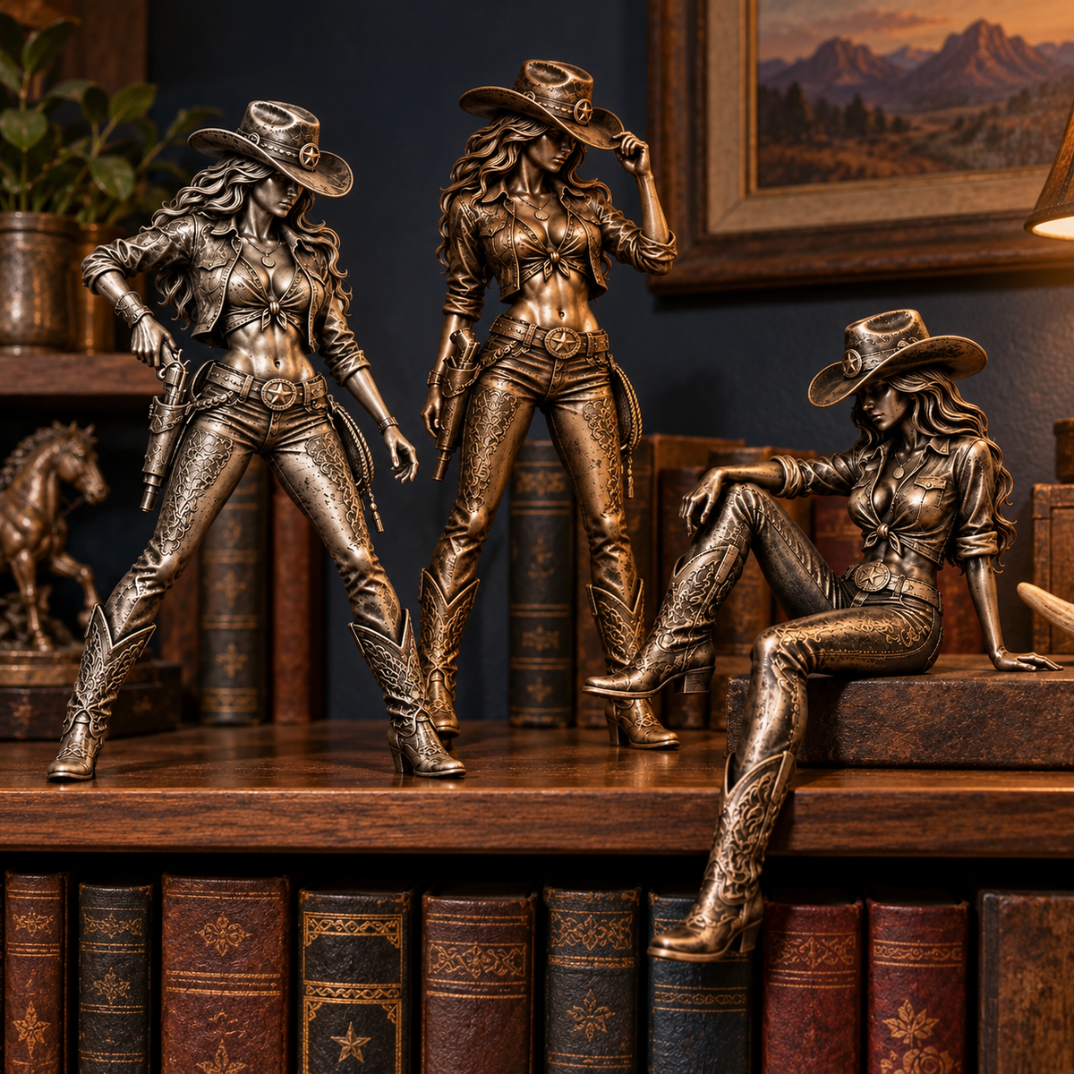 Close-up of sculpted Western details and vintage bronze-look finish