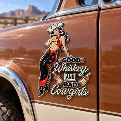 🤠 Vintage Cowgirl Western Metal Car Emblem | Retro Roadside Style