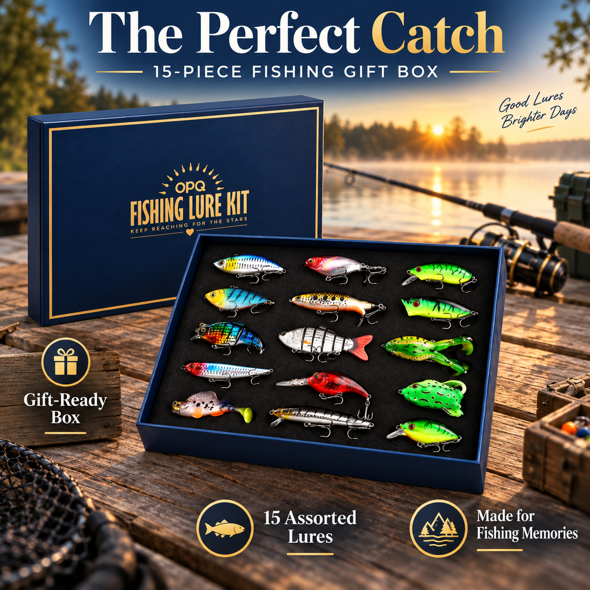 Adult angler opening the navy fishing gift box