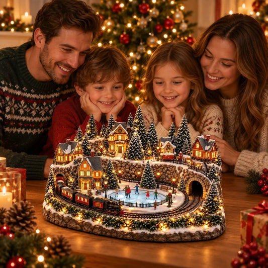 🎄🚂 Enchanted Christmas Winter Village – Animated Mini Train & Skating Rink Decoration with Warm LED Lights and Festive Music, Magical Holiday Home Decor 🎁✨