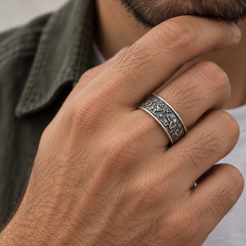 Medieval Marginalia Ring – Vintage Silver Ring with Whimsical Medieval Engravings 100% 925 Sliver