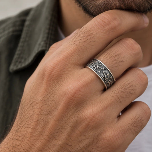 Medieval Marginalia Ring – Vintage Silver Ring with Whimsical Medieval Engravings 100% 925 Sliver