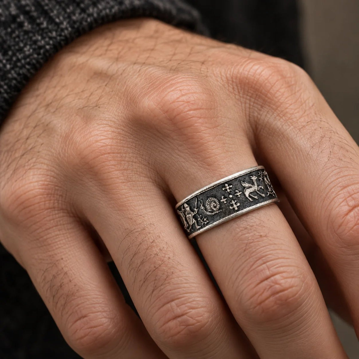 Medieval Marginalia Ring – Vintage Silver Ring with Whimsical Medieval Engravings 100% 925 Sliver