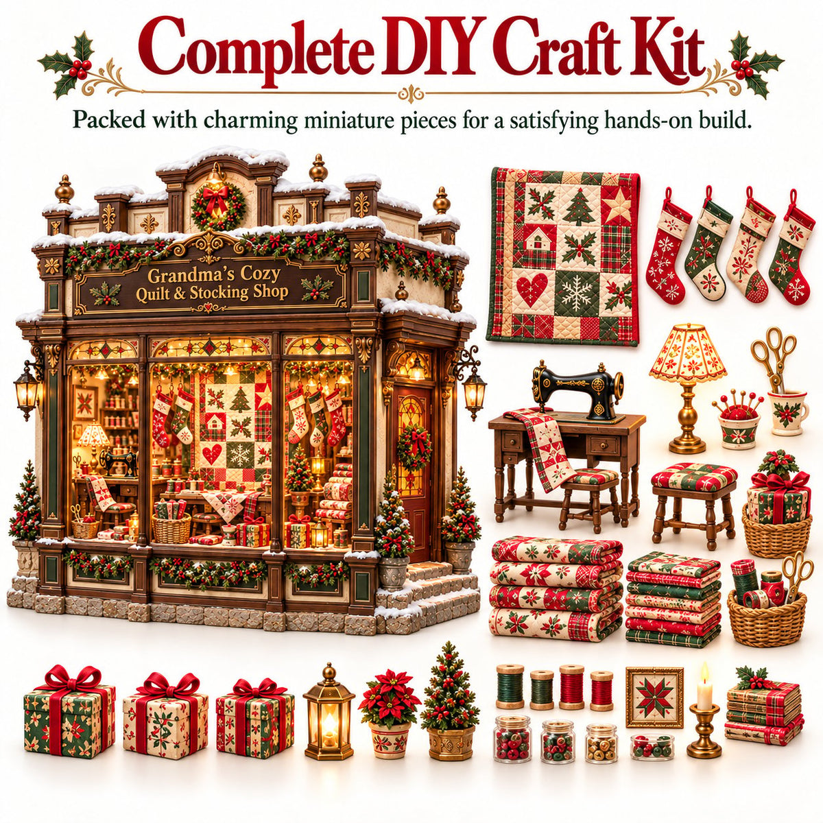 Grandma's Christmas Quilting Cottage – DIY Light-Up Miniature Dollhouse Kit, Cozy Holiday Craft & Handmade Christmas Gift