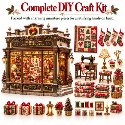 Grandma's Christmas Quilting Cottage – DIY Light-Up Miniature Dollhouse Kit, Cozy Holiday Craft & Handmade Christmas Gift