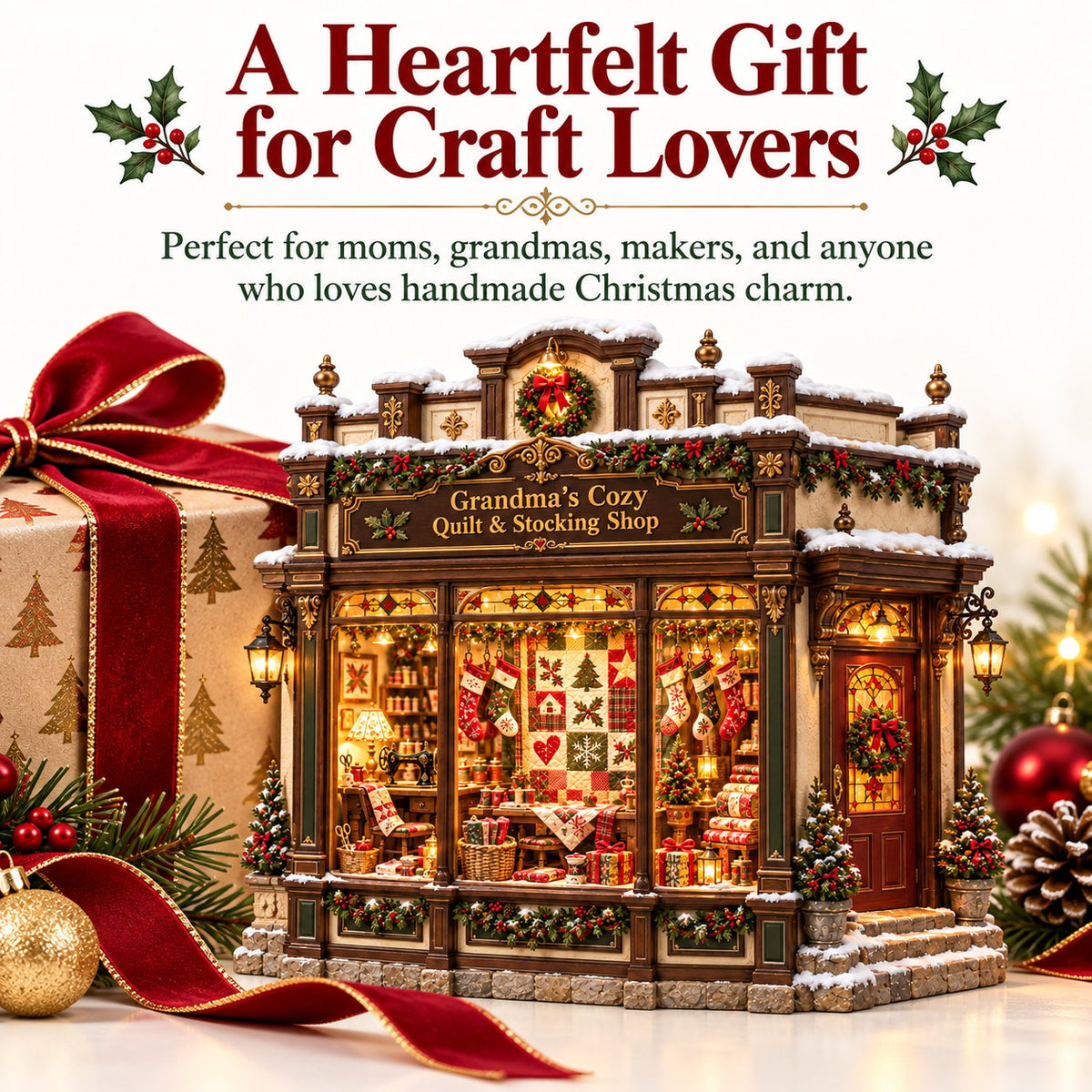 Grandma's Christmas Quilting Cottage – DIY Light-Up Miniature Dollhouse Kit, Cozy Holiday Craft & Handmade Christmas Gift