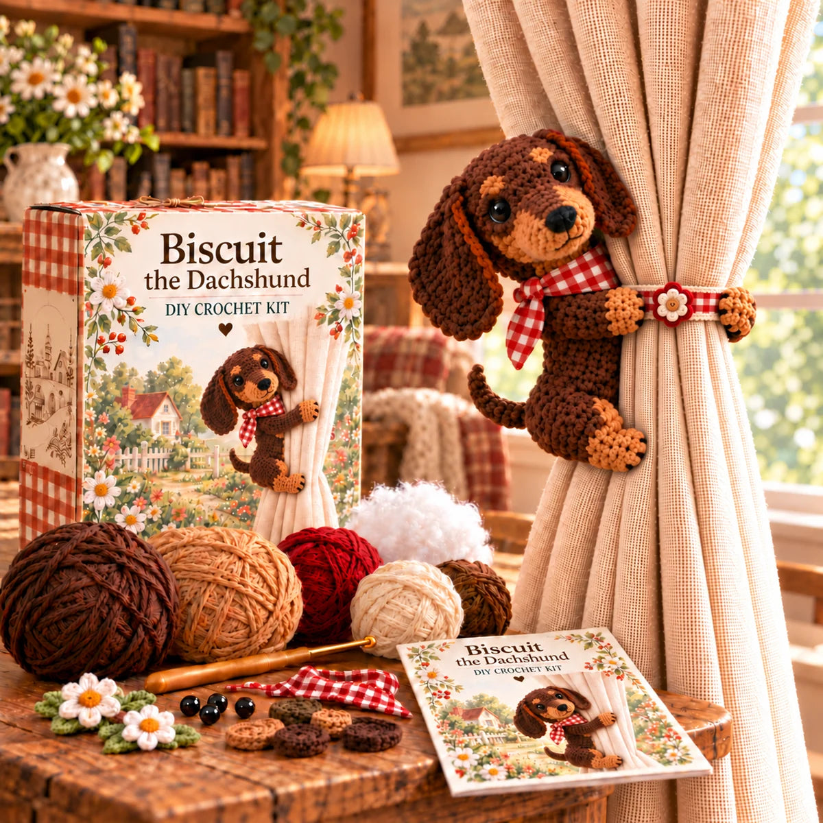 Biscuit the Dachshund curtain tieback crochet kit