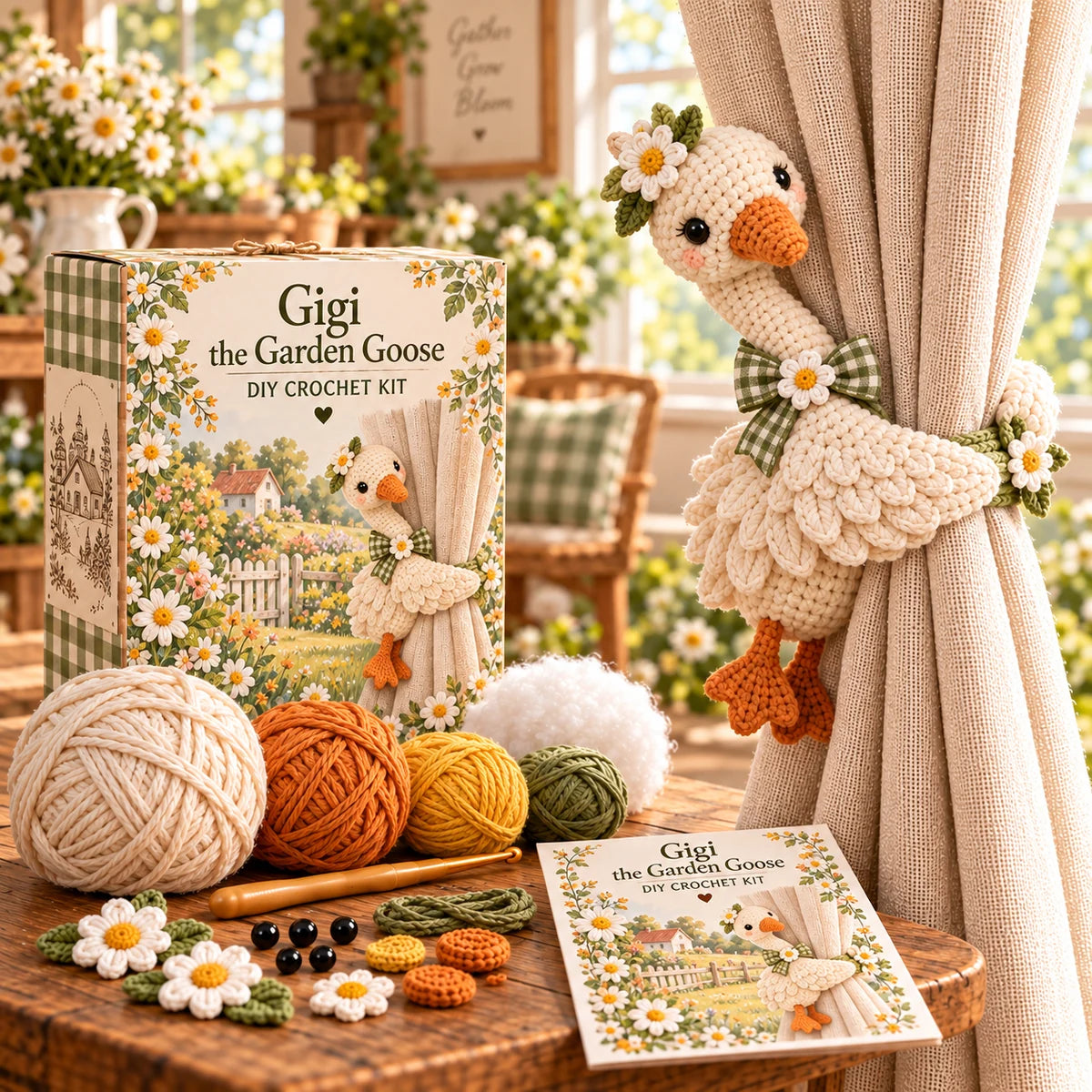 Gigi the Garden Goose curtain tieback crochet kit