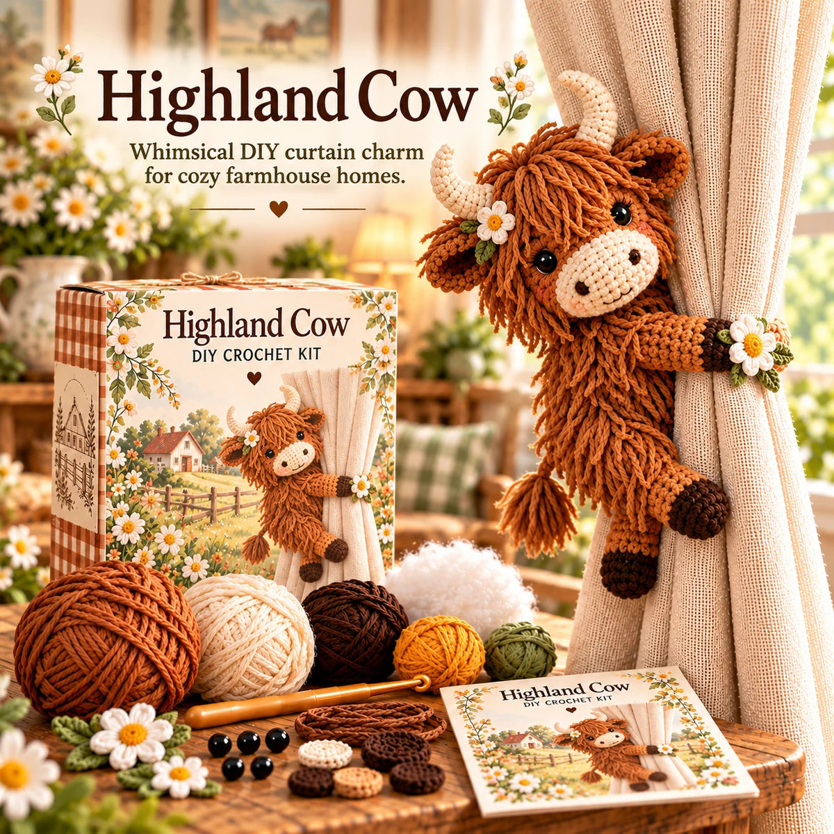 Highland Cow crochet tieback displayed on a cream curtain in a sunny farmhouse room