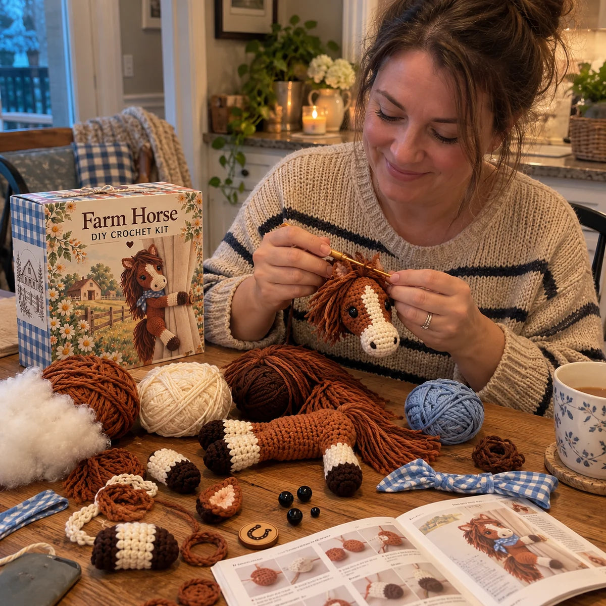 Woman crocheting the Farm Horse design at a home table