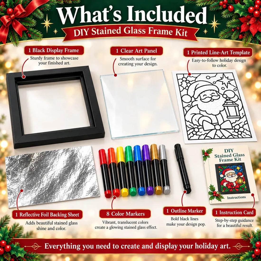 Christmas frame kit components including frame, panel, pattern, pens and foil