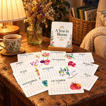 Botanical calendar cards styled on a cozy wooden table