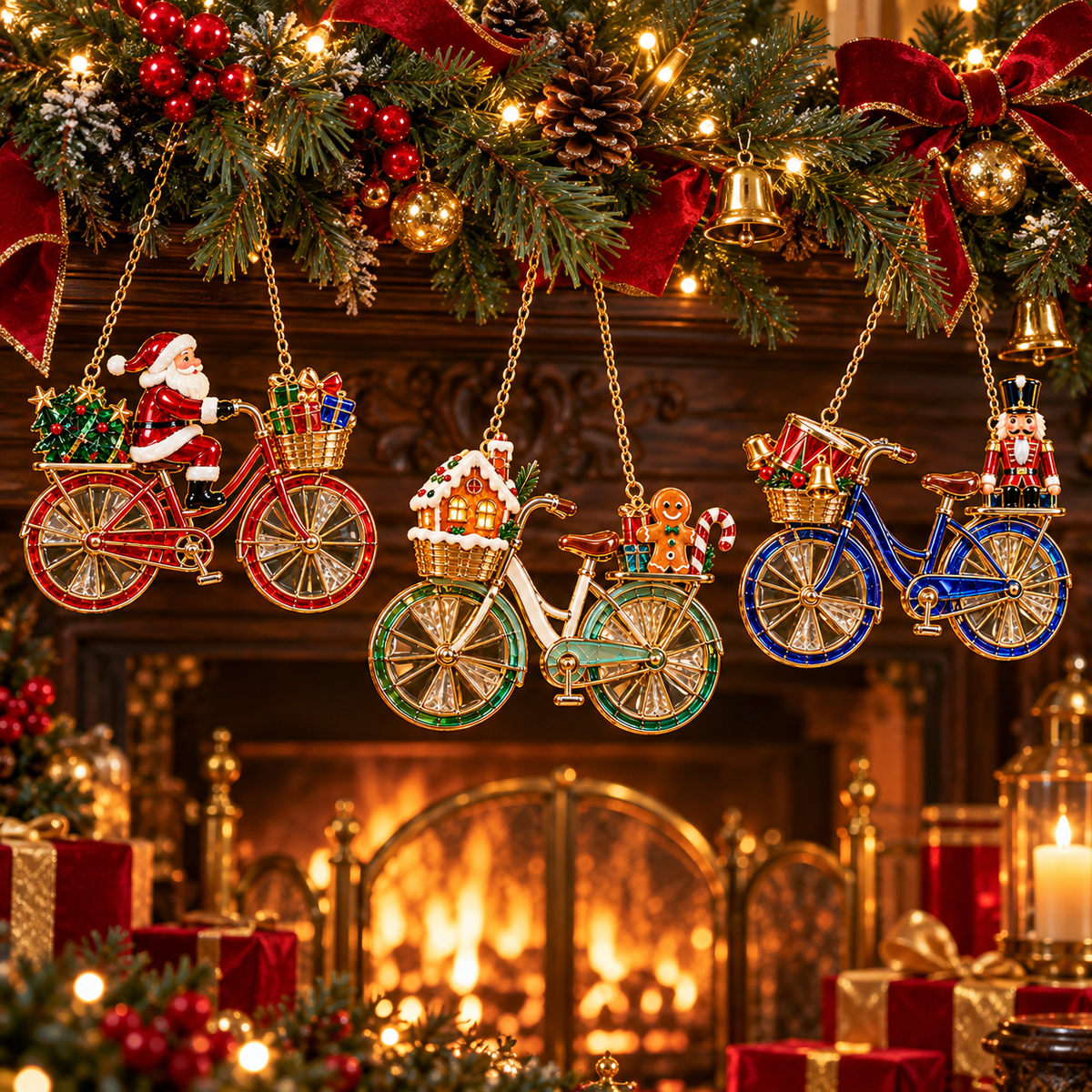Santa, Gingerbread and Nutcracker bicycle ornaments hanging from a Christmas mantel garland.