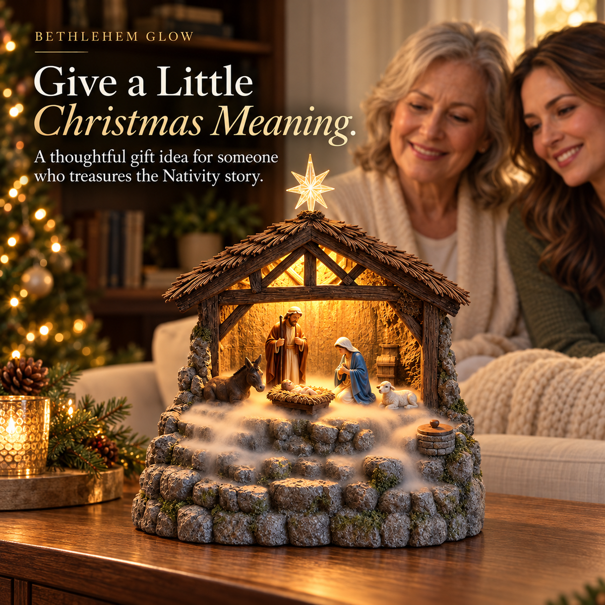 Woman and grandmother admiring a Nativity display as a Christmas gift