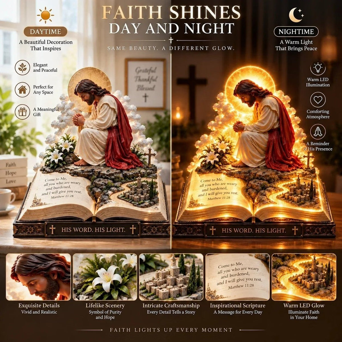✨🙏 Faith Brings PeaceTM — Illuminated Praying Jesus Figurine