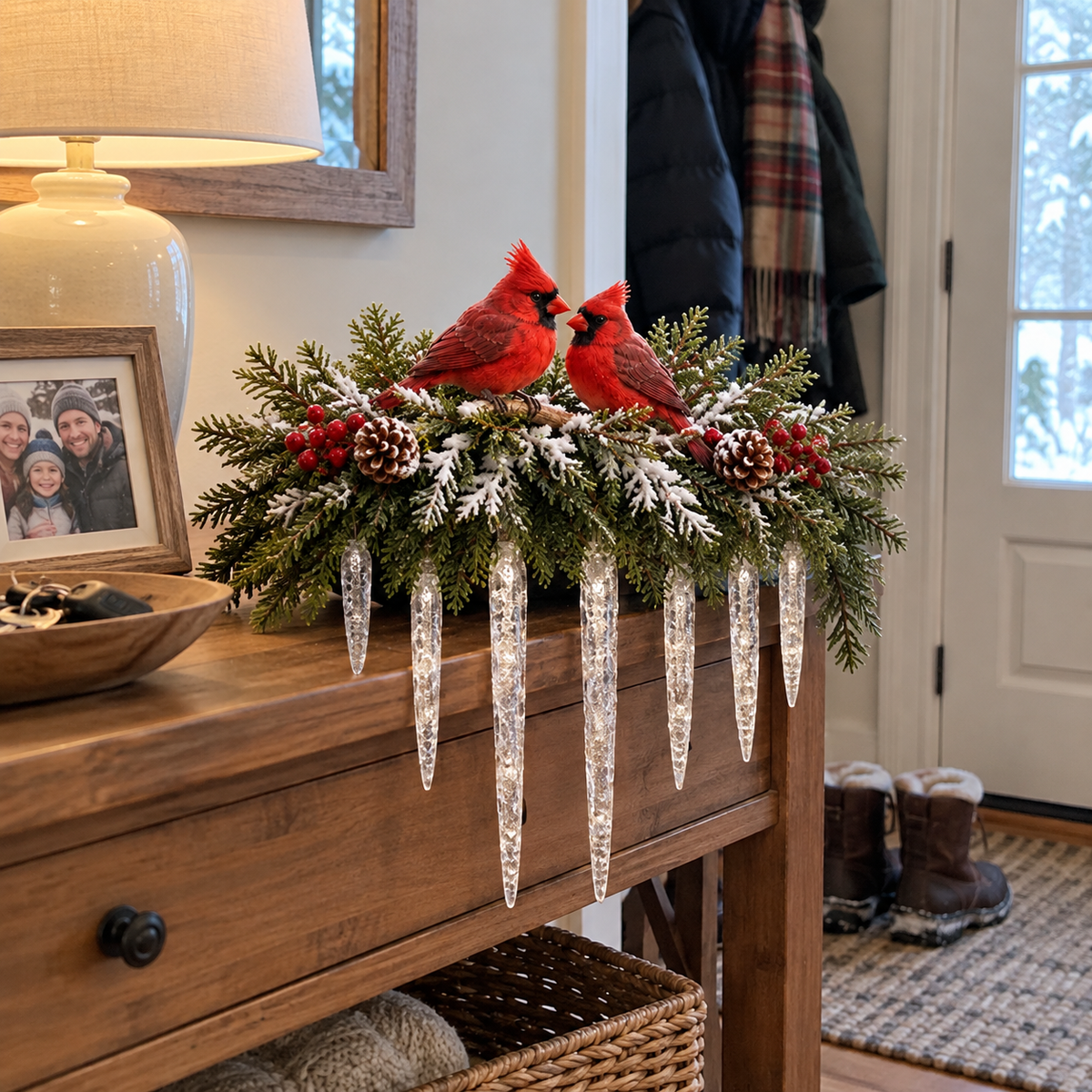 Cardinal winter greenery with clear icicle accents styled on a wooden entryway console