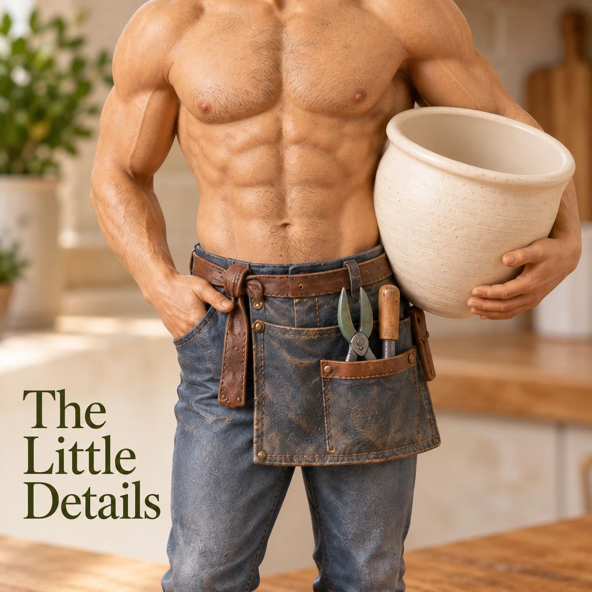 Close view of the open pot, sculpted tool pouch, belt, and denim-style textures.
