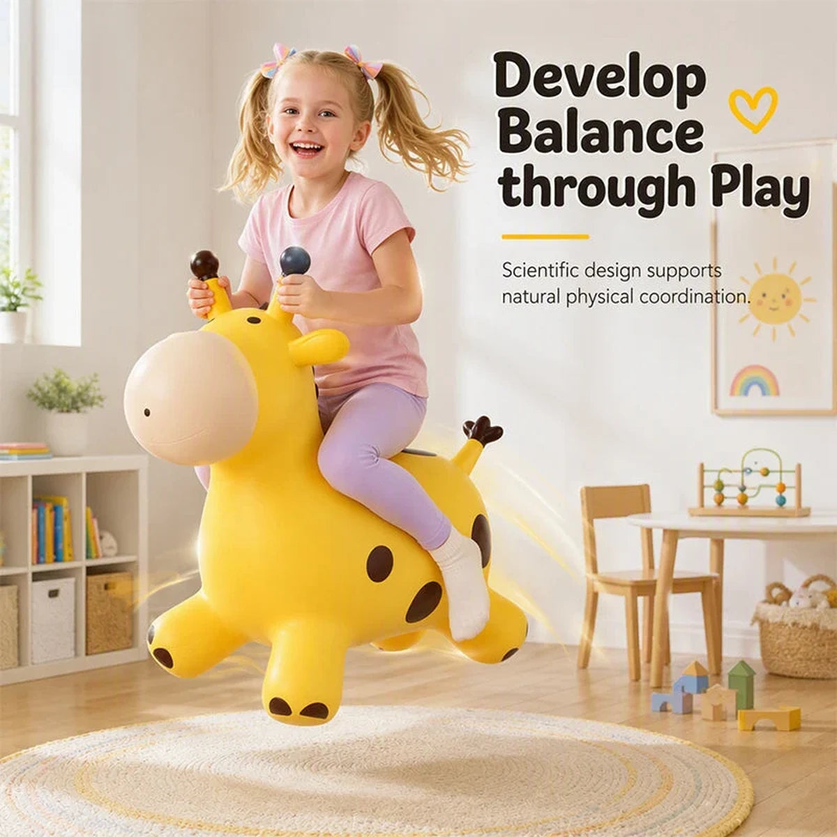 Toddler playing on giraffe bouncy toy