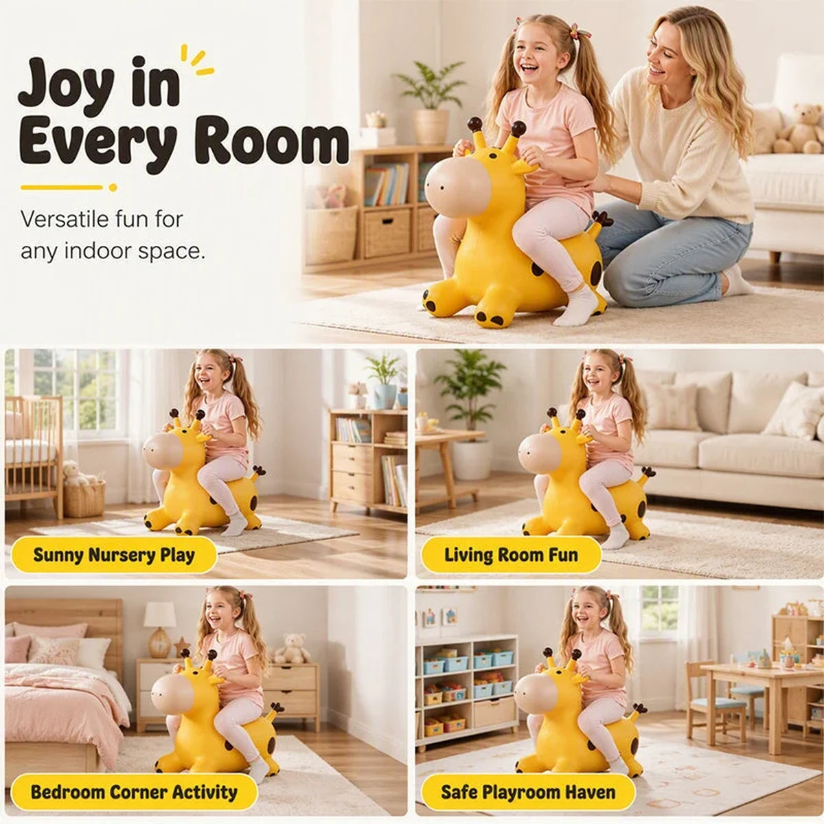 Giraffe bouncy toy used in different rooms
