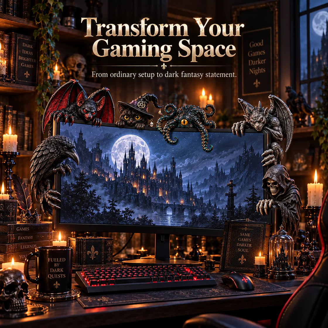 Gothic desk setup featuring creature monitor figurines